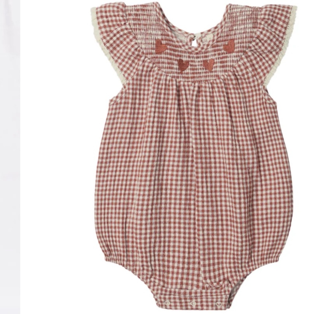 Quincy Mae Rust Gingham Heart Smocked Romper with Cream Trim